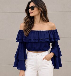 Navy Blue Off The Shoulder Ruffle Crop Top Bell Sleeve Tie Back Boho Festival